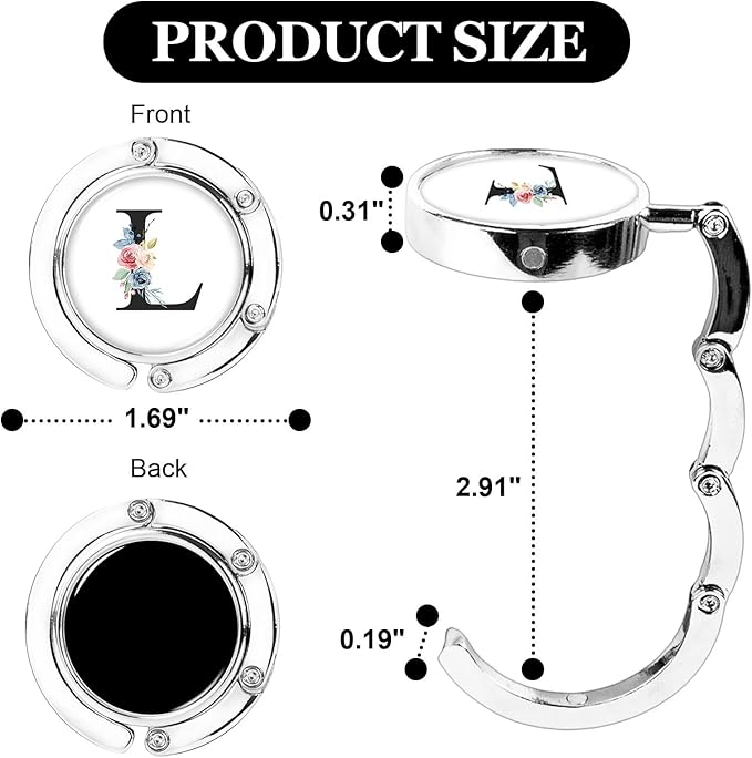 XSUIOY 3Pcs Personalized Initial Foldable Purse Hook for Table,Crushed Flower Letters Folding Purse Hanger,Purse Holder Handbag Hanger Collection Desk Table Bag Hooks Gifts for Women Bag(Black-L)