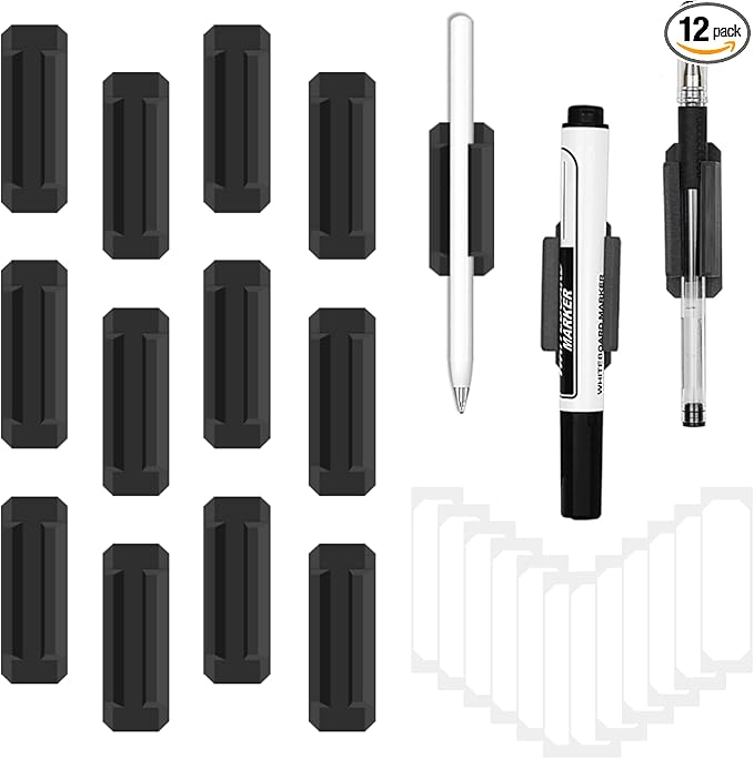12 Pack Pen Holder for Desk, Silicone Pencil Holder with 12 Extra Adhesive Stickers, Adhesive Pen Holder & Marker Clip for Classroom Office Desk or Any Surface, Teacher Accessories Supplies (Black)