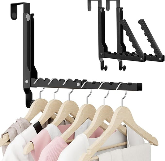 BAKON Over The Door Hangers, Over Door Hooks for Hanging, Small Space Dual Folding Portable Over Door Clothes Hanger for Clothes, Hats, Bags and Towels (2Pack,Black(Update))