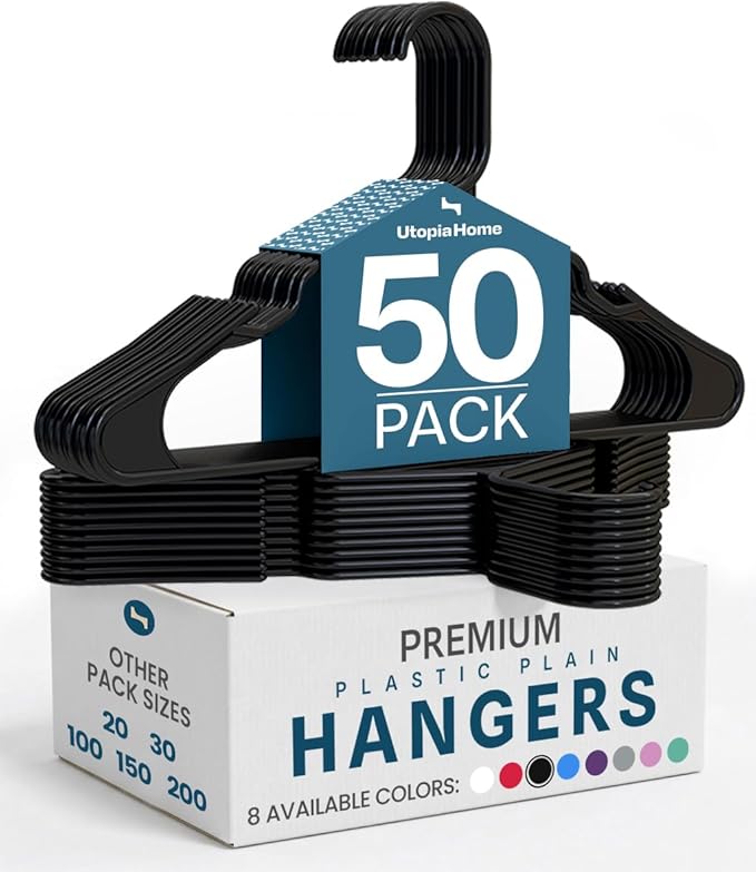Utopia Home - Plastic Hangers 50 Pack - Space Saving Clothes Hanger - Durable and Strong Closet Organizers and Storage Makes It Ideal Stocking Stuffers or Apartment or Dorm Room Essentials (Black)