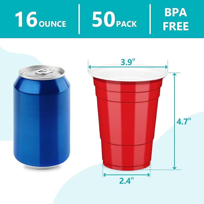 LANLISA 50 Red Plastic Cups, 16 oz Disposable Cups, Drinking Cups For Birthday Party Supplies, Valentines, Mothers Day, 4th of July Patriotic, Christmas