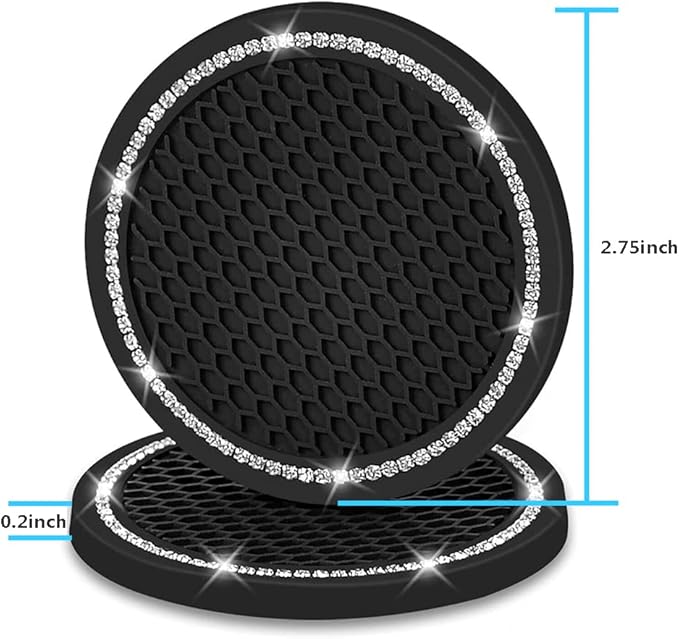 Car Coasters for Cup Holders, 2.75 Inch Auto Cup Holder Insert Coasters Silicone Anti-Slip Crystal Rhinestone Cute Drink Car Cup Mat, 4PCS Bling Car Accessories for Women & Lady (Black)