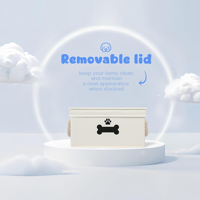 Dog Toy Basket with Lid, Dog Basket for Toys, Dogs Toy Box with Cotton Rope Handles, Collapsible Storage Bins for Pet Toys, Dogs Storage Organizer, Beige