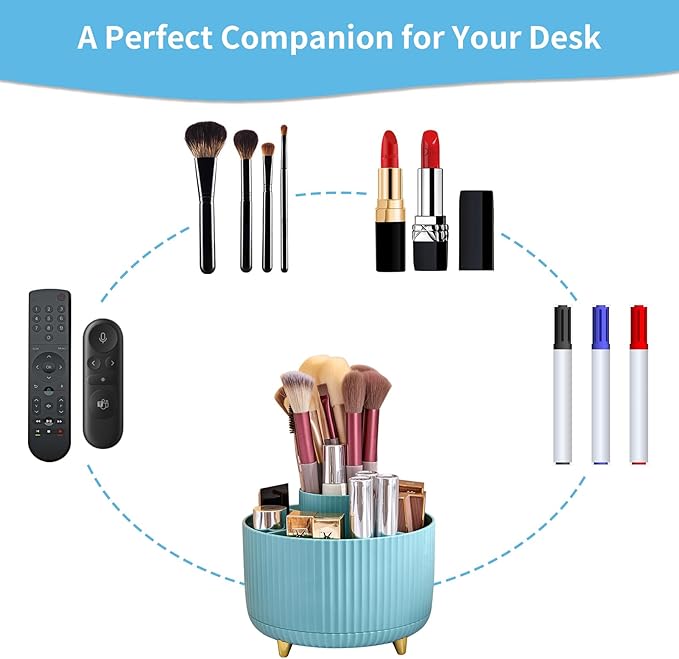 Marbrasse Desk Organizer, 360-Degree Rotating Pen Holder, Desk Organizers and Accessories with 5 Compartments Pencil Holder, Art Supply Storage Box Caddy for Office, Home（Light Blue）