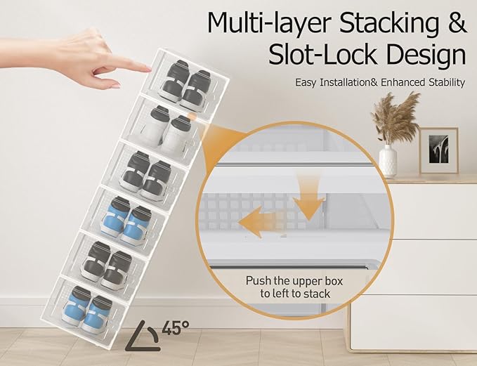 Kuject XX-Large Shoe Storage Boxes Organizers Clear Plastic Stackable 12 Pack, Shoe Rack & Holder Substitute, Sneaker Containers, Shoe Storage Organizer Bins for Closet, Under Bed, White (No Fold Line)