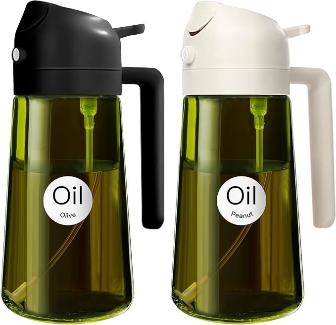 YARRAMATE 16oz/470ml 2PCS Light Blockage Dark Oil Sprayer for Cooking, 2 in 1 Olive Oil Dispenser Bottle for Kitchen, Green Glass Oil Bottle, Food-Grade Oil Mister for Air Fryer, BBQ (Black & White)