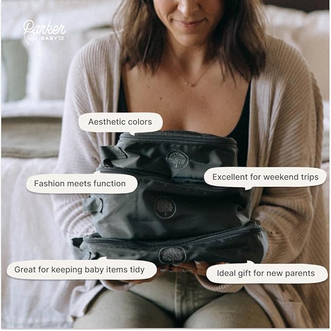 Parker Baby Co. Lightweight Packing Cube Set 3-Pack | Collapsible, Durable, Mesh & Clear Top | Travel Organizer for Diaper Bags, Luggage - Gray/Gray Buffalo