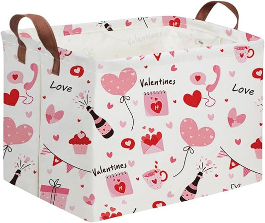 Rectangular Pink Valentine's Day Gift Basket,nursery basket,Pink girls gift baskets,kids toy storage Bin, Love Heart Room Decor for Home,Shelf Baskets(Balloon Love)