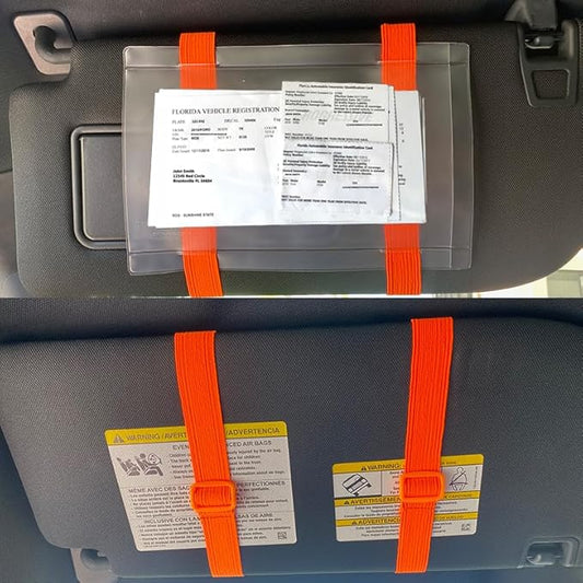 Car Registration and Insurance Holder Visor - Durable Elastic Band & Buckle Closure - Conveniently Stores Documents - Essential Car Accessory (Orange/Orange), Made in USA