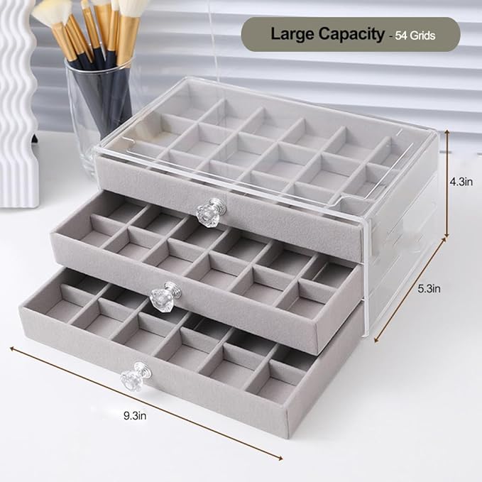SPAKOWN Earring Box Holder Organizer Display Case, Clear Velvet Jewelry Storage Tray Organizer for Earring Ring Stud (Grey - 3 Drawers)