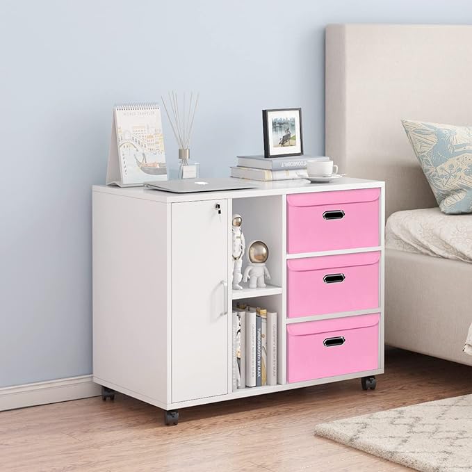 Linen Fabric Foldable Collapsible Storage Cube Bin Organizer Basket Fabric Storage Bins with Lid, Leather Handles, Removable Divider for Home, Closet, Pink 3Pcs