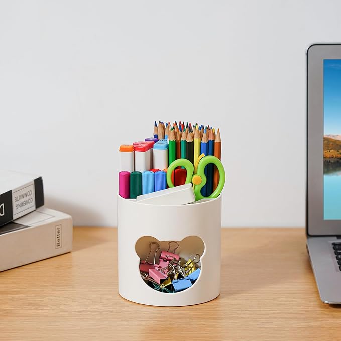 Marbrasse Desk Organizer, Cute Pen Holder for Desk, Pencil Pen Organizer for Classroom Must Haves, Art Supply Storage Box Caddy for Office, Home (White & White Bear Head, one size)
