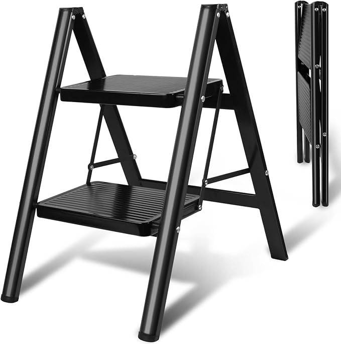 Upgraded 2-Step Ladder, 330 lbs Folding Aluminum Step Stool with Wide Anti-Slip Pedals, Lightweight & Portable Ladder for Kitchen, Closet, Office, Home Use - Black