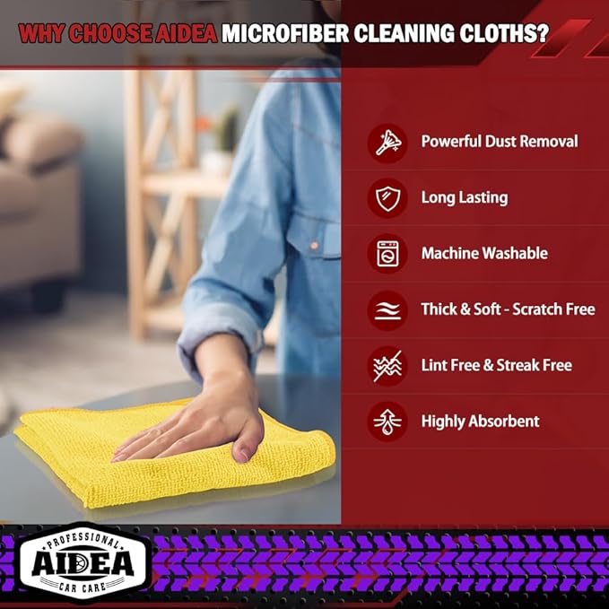 AIDEA Microfiber Cleaning Cloth, 10PK, Microfiber Towels for Cars, Premium All-Purpose Car Cloths, Dusting Cloth Cleaning Rags, Absorbent Towels for SUVs, House, Kitchen, Window, 12"×12", Yellow