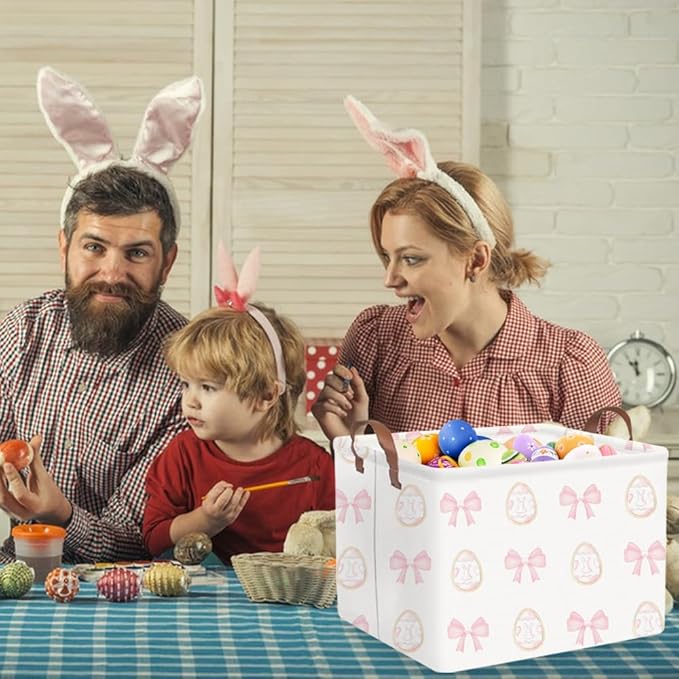 FXOLCSHE Rectangular Easter basket,Nursery Hamper,Collapsible waterproof baby toy storage box for Kids,Toy Organizer,Home Decor,Easter gift basket(Pink bow egg)