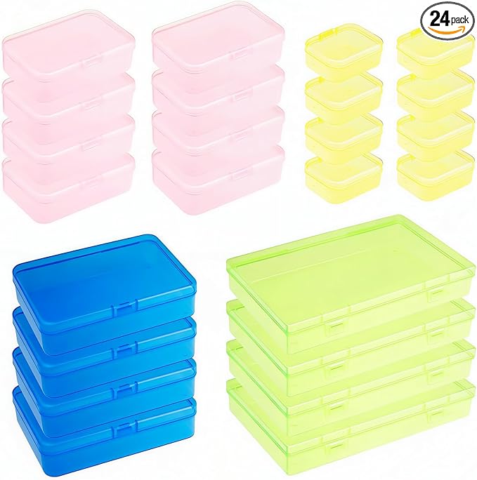 Goodma 24 Pieces Mixed Sizes Colored Rectangular Plastic Boxes Empty Storage Organizer Containers with Hinged Lids for Small Items and Other Craft Projects