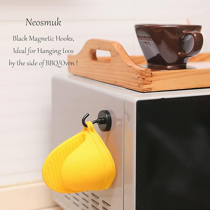 Neosmuk Magnetic Hooks Heavy Duty, 10lb Strong Magnet with Hook for Fridge, Super Neodymium Extra Strength Industrial Hooks for Hanging, Magnetic Hanger for Toolbox, Cruise, Grill (Matte Black, 6 Pack)