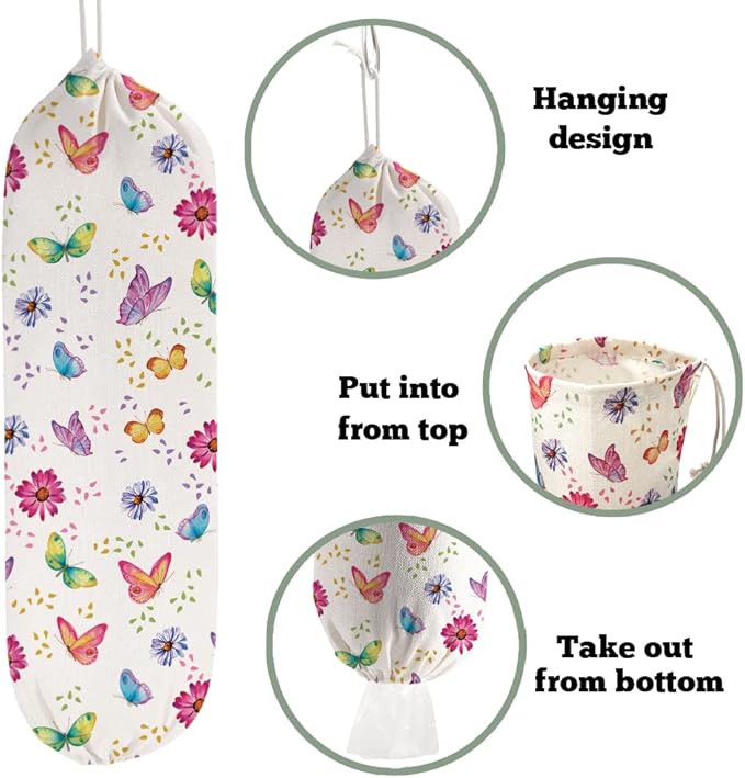 2PCS Butterfly Plastic Bag Holder for Kitchen Essentials, Reusable Hanging Grocery Bag Organizer, Washable Large Grocery Trash Garbage Bags Storage Dispenser Butterfly Kitchen Decor