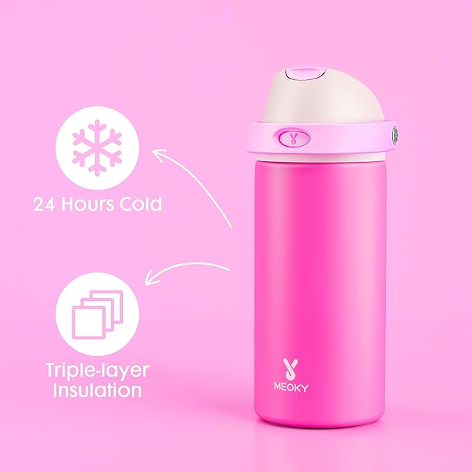 18 oz Kids Water Bottle for School: Meoky 18 oz Stainless Steel Insulated Water Bottle with 2-in-1 Straw and Spout Lid - Leak Proof, Fits in Car Cup Holder, BPA-Free for Teen Girls, Raspberry Vibes