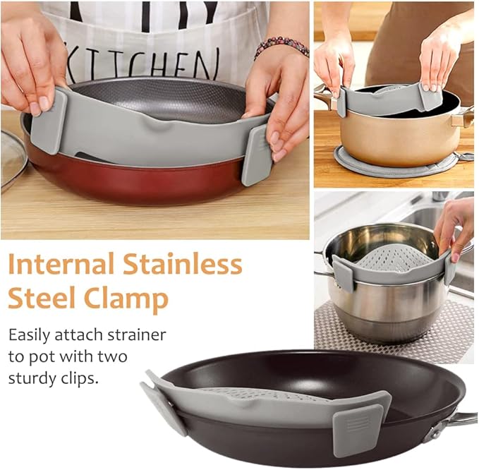 YEVIOR Clip on Strainer for All Pots Pan,Silicone Pasta Strainer Kitchen Gadgets,Collapsible Colander for Noodle,Vegetables,Fruit,Spaghetti (Grey)