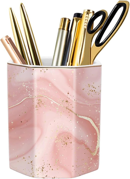 WAVEYU Cute Pen Holder for Desk, Ceramic Pencil Holder, Pen Cup Marker Holder Makeup Brush Holders, Desk Accessories & Workspace Organizers for Home, Office, Red Marble