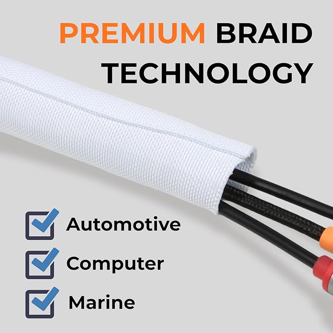 1/2 inch Split Braided Cable Management Sleeve for USB Cable Power Cord Audio Video Cable, High-Temperature Automotive Harness Wire Loom Cord Protector from Cat Dog Chewing (White, 10FT)