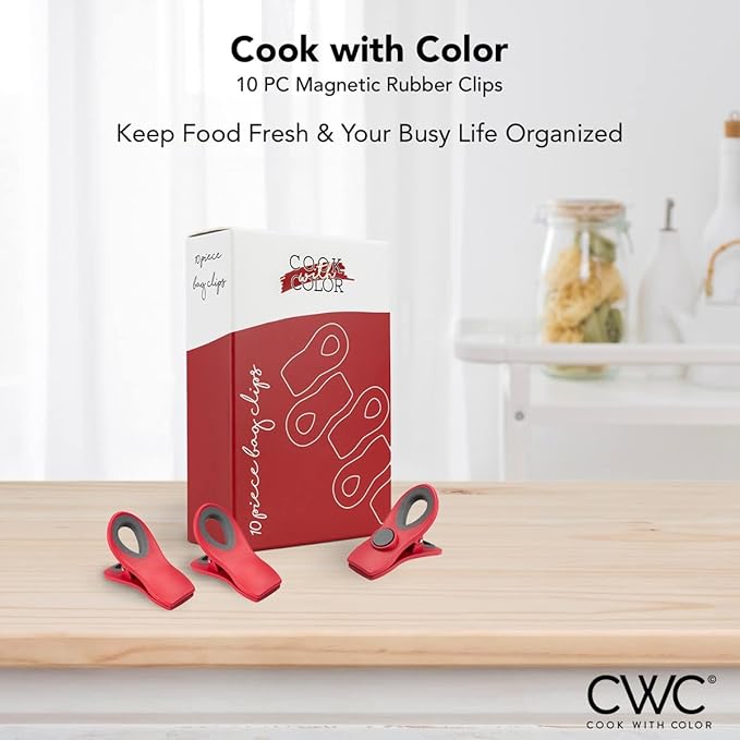 COOK WITH COLOR Bag Clips with Magnet- Food, Chip and Bag Clips for Food Storage with Airtight Seal Grip for Bread Bags, Snack Bags and Food Bags (Red, Pack of 10)