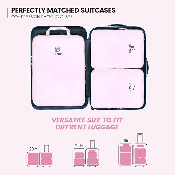 PFEYRPK Lightweight Compression Packing Cubes for Suitcases, Compressible Expandable Travel Packing Organizer with Clear Toiletries and Backpack Bag, Travel Essentials for Carry-on Luggage 7 Set