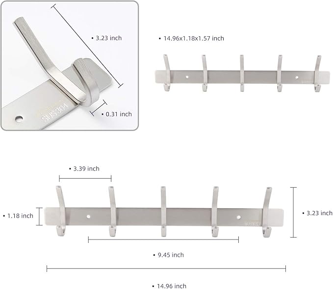 Coat Rack Wall Mounted, Stainless Steel Silver Towel Racks with 5 Hooks for Bathroom Kitchen Bedroom Door