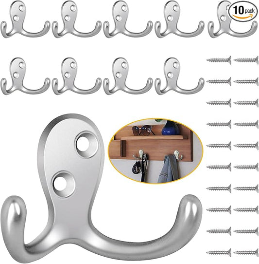 10 Pack Coat Hooks, Heavy Duty Double Prong Coat Hooks Wall Mounted with 20 Screws, No Rust Silver Metal Wall Hooks for Hanging Towel, Coat, Bag, Hat, Cup, Key