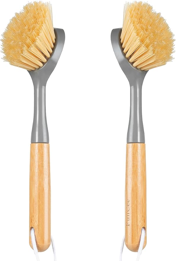 2 Pack Dish Brushes with Bamboo Handle, Kitchen Dish Scrubber Built-in Scraper, Scrub Brush for Pans, Pots, Counter & Kitchen Sink Cleaning, Dishwashing and Cleaning, Perfect Cleaning Tools, Gray