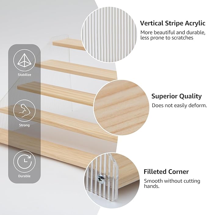 nianfeng 5-Tier Tiered Spice Rack, Spice Pantry Kitchen Cabinet Organizer, 16-Inch, Natural Wood Acrylic Stair Riser Stand, Countertop Seasoning Shelf