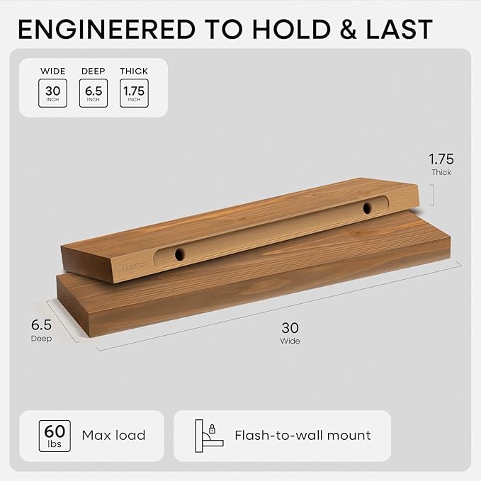 Homeforia 30 inch Golden Oak Floating Shelf, High-End Solid Real Wood 30-inch Small Floating Shelves for Wall Mounted, Oak Wooden 30-inch Floating Shelves, Heavy Duty Bracket, 30 X 6.5 X 1.75 in, Set of 3