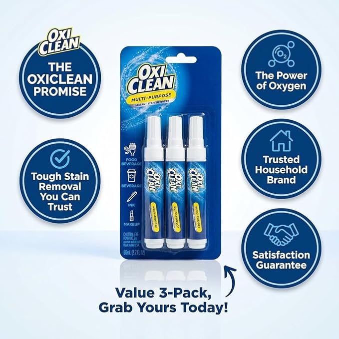 OxiClean On The Go Stain Remover Pen for Clothes, Portable Instant Travel Size Stick, Safe Cloth Stain Remover for Makeup Food and Drink, Stain Pen for Clothes, Pack of 3