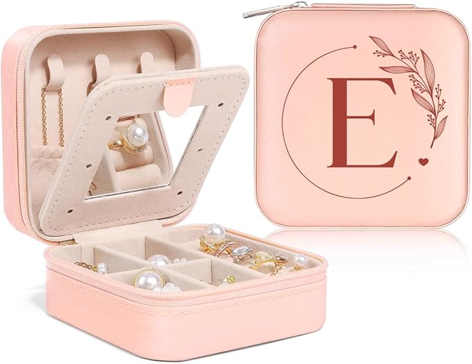 SANDJEST Personalized Jewelry Box, Pink Small Travel Jewelry Box with Initial E, Monogrammed Jewelry Case Organizer for Girls Women Teen, Mini Travel Essentials Gifts for Christmas Birthday