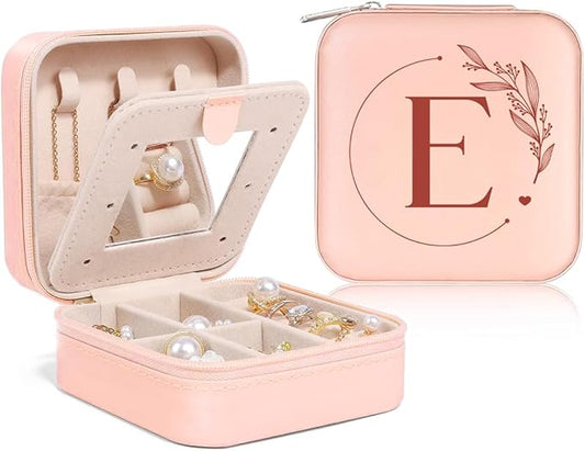 SANDJEST Personalized Jewelry Box, Pink Small Travel Jewelry Box with Initial E, Monogrammed Jewelry Case Organizer for Girls Women Teen, Mini Travel Essentials Gifts for Christmas Birthday