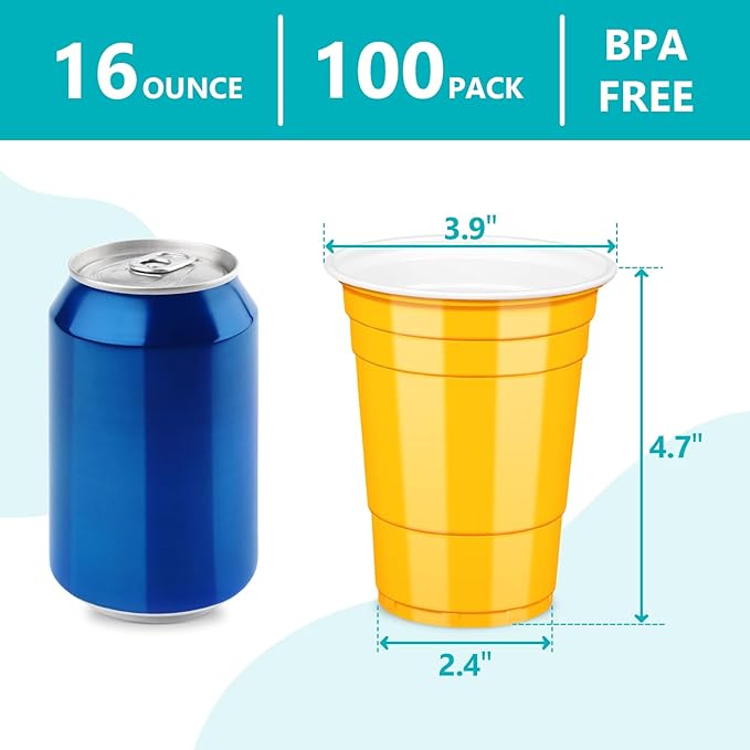 LANLISA 100 Yellow Plastic Cups, 16 oz Disposable Cups, Drinking Cups For Party Supplies