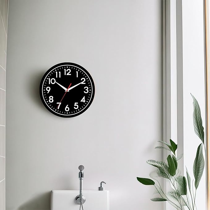 Wall Clock Black Battery Operated 10 Inch Simple Silent Non-Ticking Analog Decorative for Kitchen Bathroom Bedroom Office Living Room School Classroom (Black)