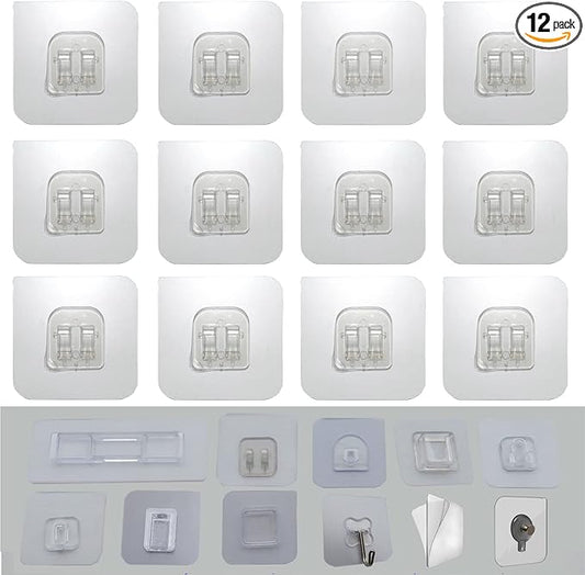 12 PCS Wall Mounted Replacement Sticky Pads for Kitchen Bathroom Shower Caddy Organizer Rack Holder Nail Free Adhesive Hooks (Claw Shape)