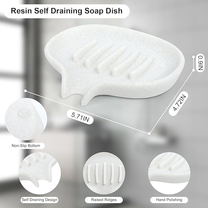 AUGFRYZIAN Soap Dish with Drain - Self-Draining Bar Soap Holder for Shower, Marble Look Soap Savers Soap Tray Sponge Holder for Kitchen, Bathroom, Bathtub Sink, Crystal White
