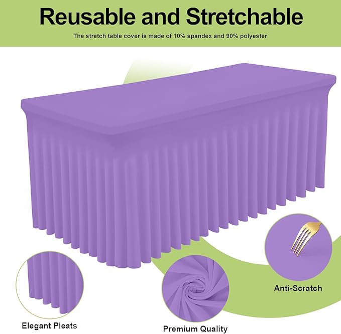 Smiry Spandex Tablecloth 2 Pack, Elastic Fitted Stretch Tablecloth for 6FT Rectangle Tables, Waterproof Washable Table Cover Skirt for Wedding, Banquet & Parties (Lavender, 72Lx30Wx30H Inch)
