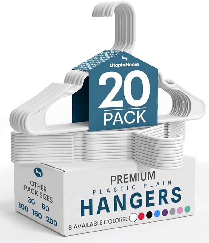 Utopia Home - Plastic Hangers 20 Pack - Space Saving Clothes Hanger - Durable and Strong Closet Organizers and Storage Makes It Ideal Stocking Stuffers or Apartment or Dorm Room Essentials (White)