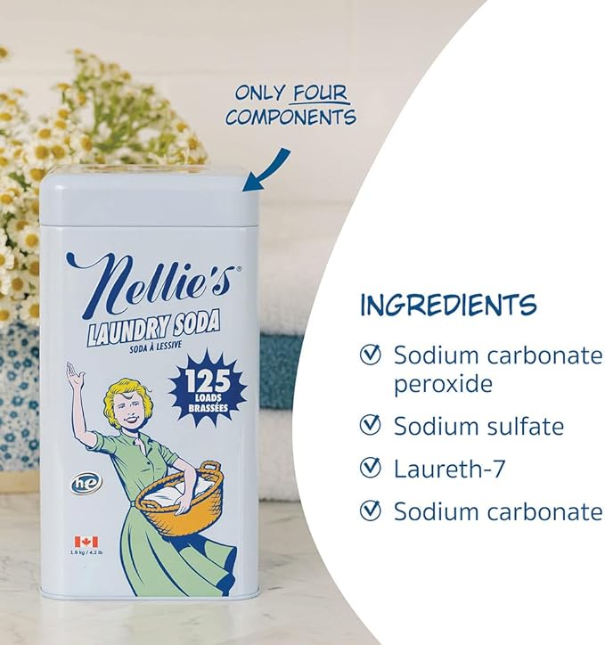 Nellie’s Laundry Soda 125 Loads – Laundry Powder Detergent – 4 Ingredients – No Residue – HE & Septic Safe – Made in Canada