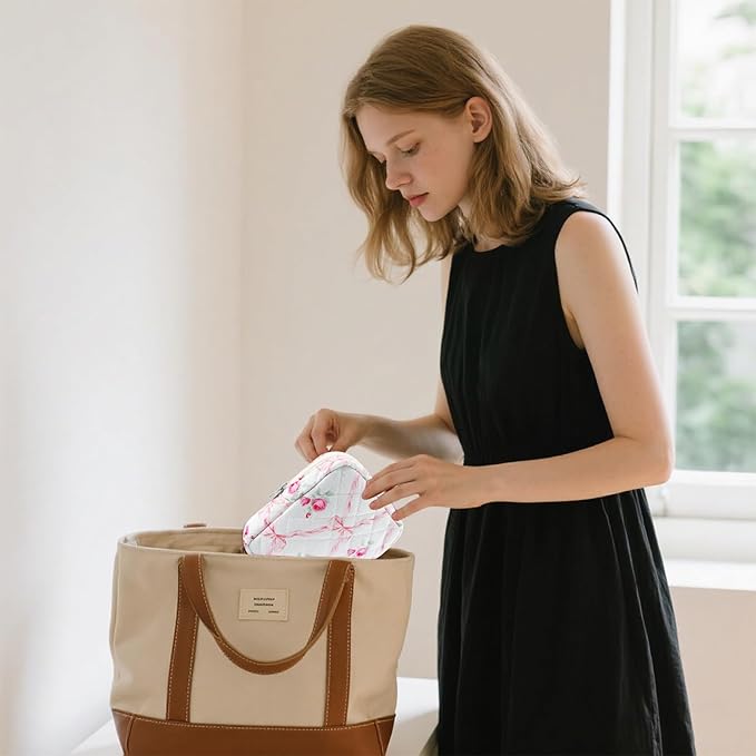 Small Quilted Cotton Makeup Bag for Purse Mini Cosmetic Period Bag for Women Cute Pink Flower Bow Makeup Sanitary Pouch Portable Travel Toiletry Bags with Zipper Christmas Birthday Gifts