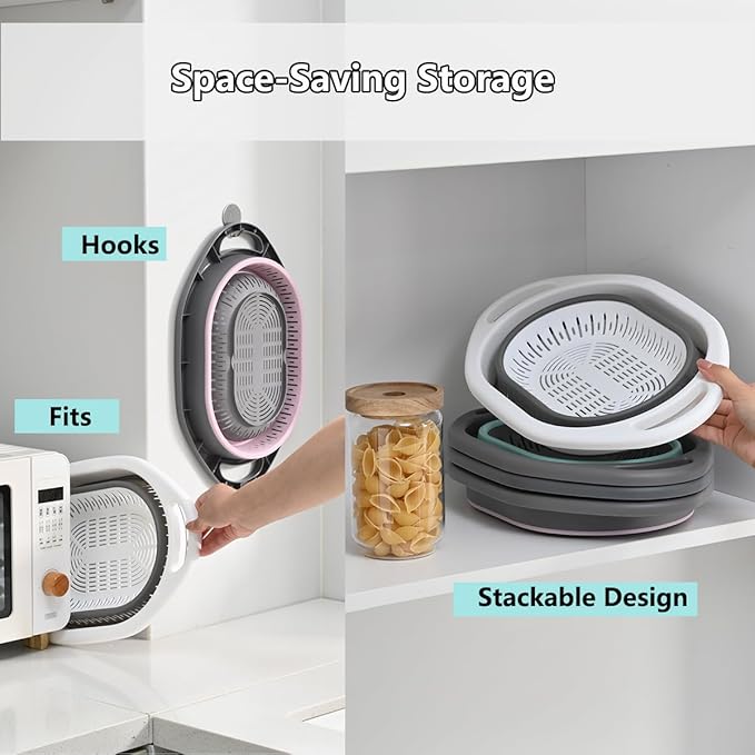 2-Pack Collapsible Silicone Colander Strainer, Foldable Kitchen Sink Basket for Washing Vegetables & Pasta, Space Saving & Dishwasher Safe, Kitchen Essentials