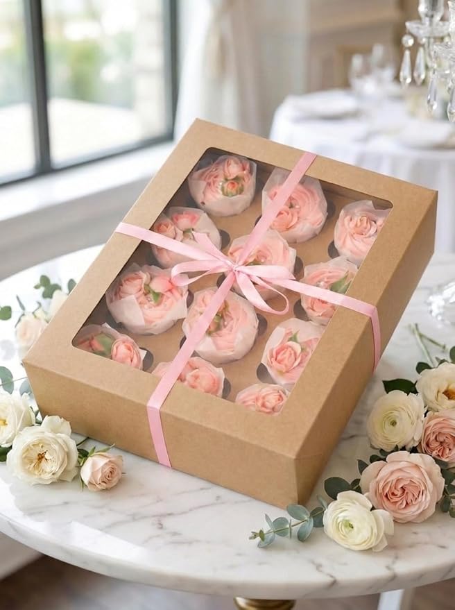 Bakepacker Auto-pop up 12 Cupcake Containers 6-Packs Brown Cupcakes Carrier, 12 Cupcake Boxes with Window 13"x10"x3.5"