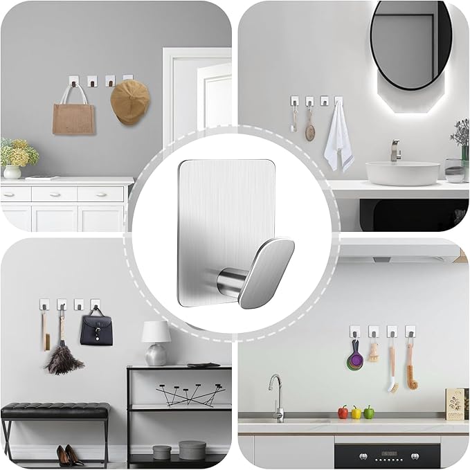 DELITON Sticky Hooks for Hanging Adhesive, Silver Wall Hooks for Bathroom Kitchen Office Stainless Steel Heavy Duty No Damage, Brushed Nickel, 6 Pack