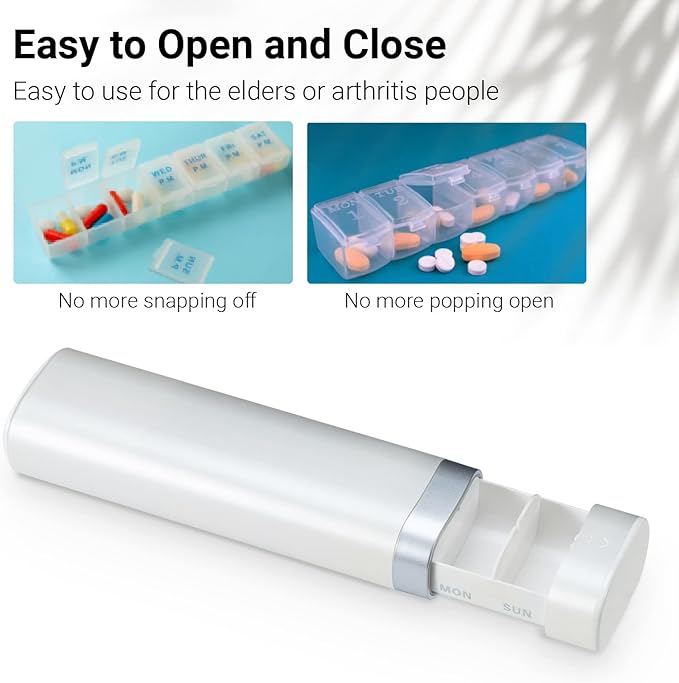 Betife Travel Pill Organizer Weekly 7 Day, Compact Daily Pill Box, Portable Medicine Case, Cute Pill Holder for Vitamins Supplements, Drawer-Shaped Pills Organizer (Pearl White)