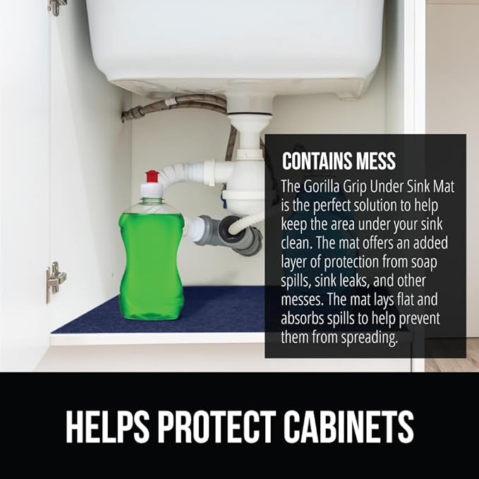 GORILLA GRIP LeakGuard Non-Adhesive Under Sink Mat for Kitchen Cabinet, Waterproof Quick Dry Shelf Liner, Durable Absorbent Felt Mats for Bathroom Sinks, Cabinets, Dresser, Easy to Trim, 24x30 Navy