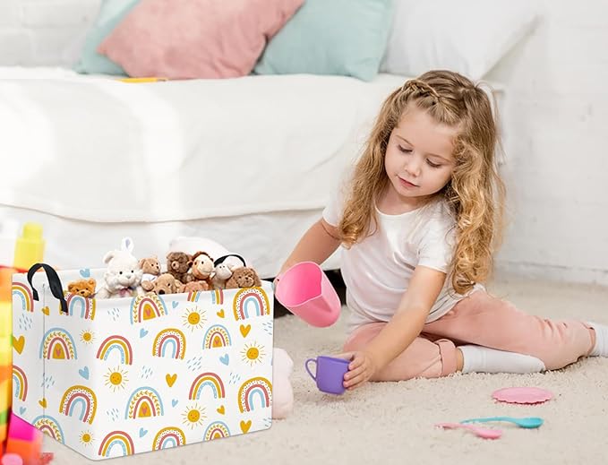 Rectangular Kids Storage Basket for Home Kitchen Girls Cute Storage Bin Organizer Shelf Book Room Decor(Colorful Rainbow)
